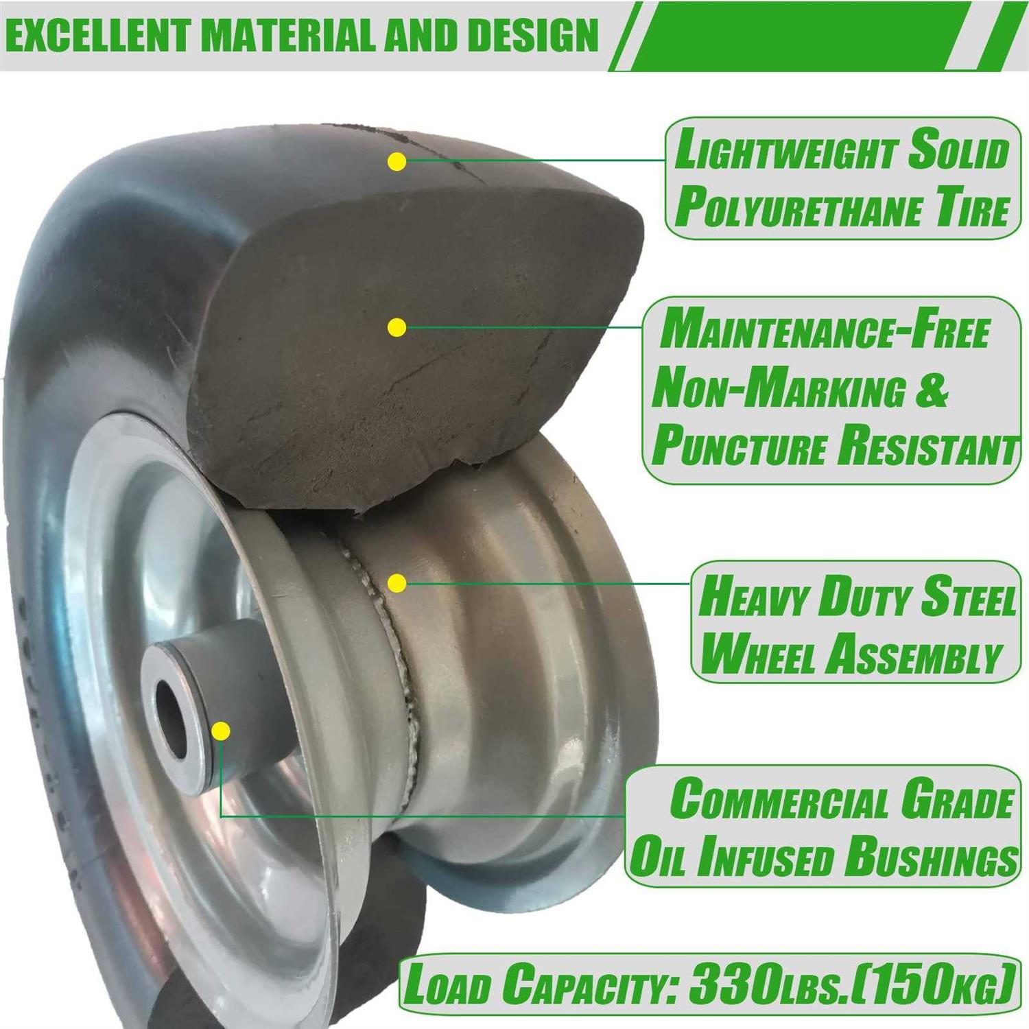 2 Pcs 11×4.00-5 Flat Free Lawn Mower Tire on Wheel, 3/4 or 5/8 Bushing