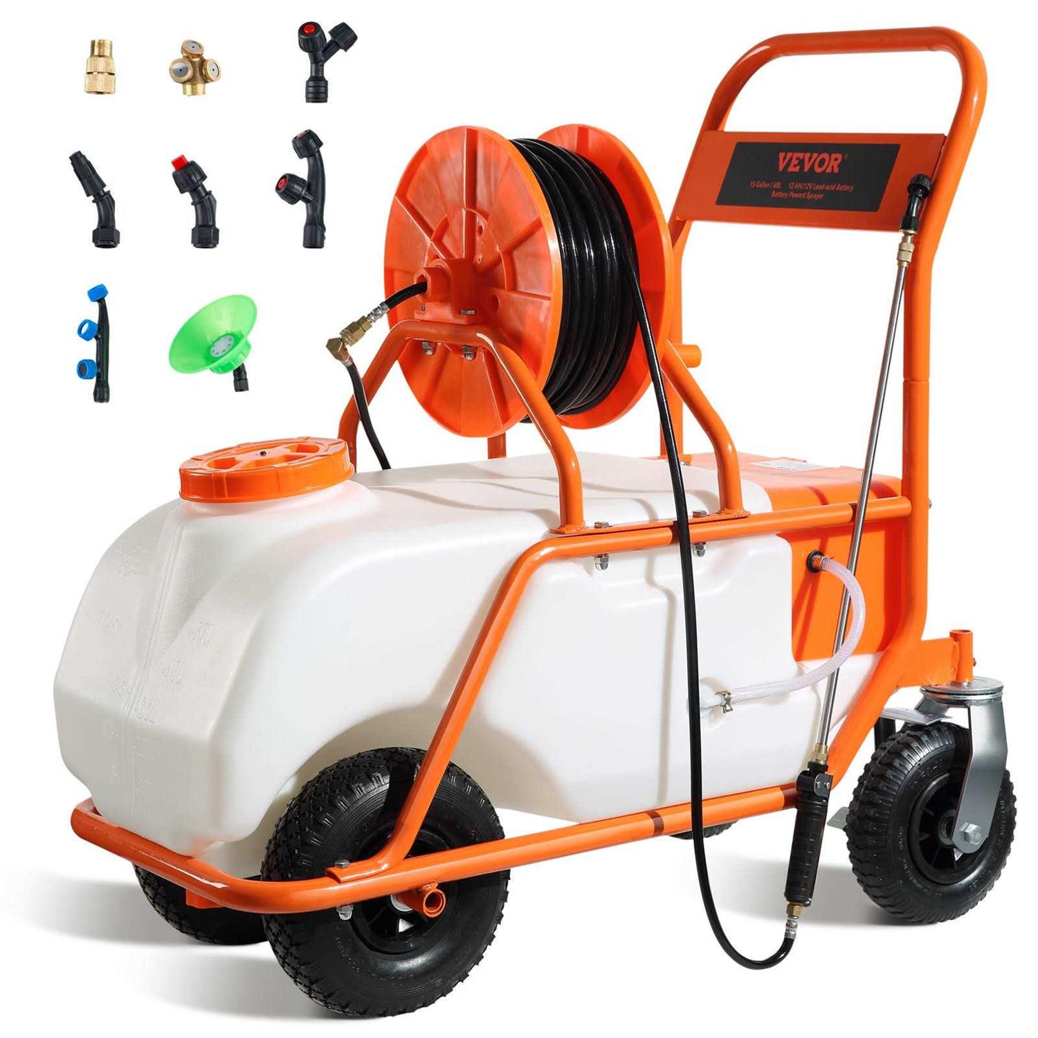 VEVOR 15 Gallon Lawn Sprayer on Wheel 0-90 Psi Adjustable Pressure 12V Battery