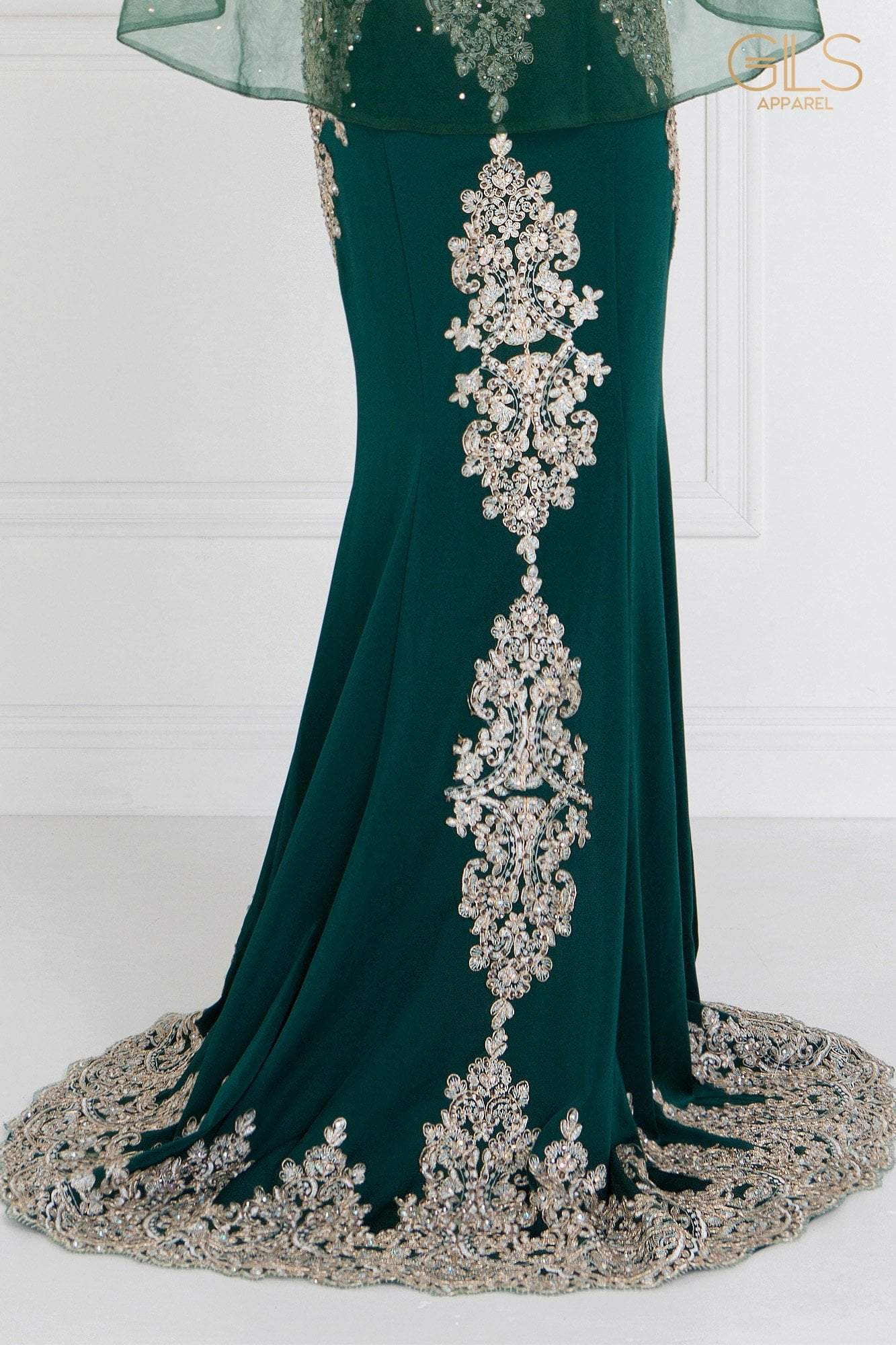 GL1595 Embroidered Bateau Jersey Trumpet Dress