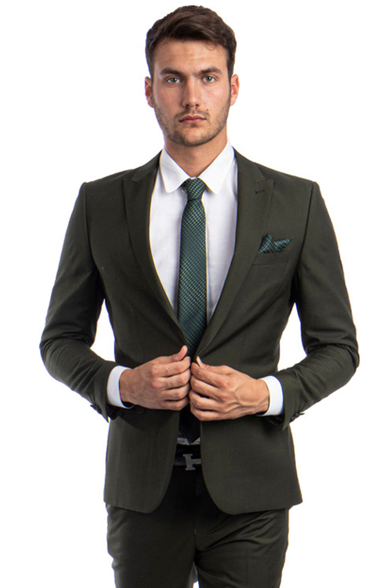 Men’s One Button Peak Lapel Basic Slim Fit Suit in Dark Olive Green