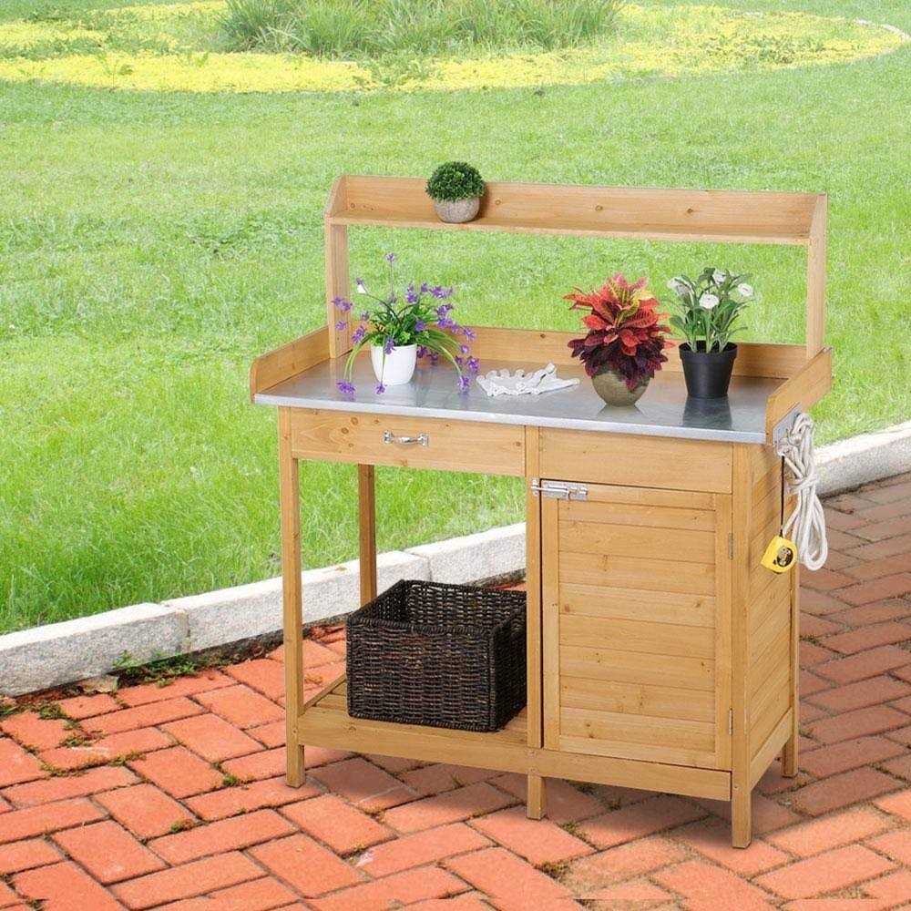 Yaheetech Outdoor Garden Potting Bench Table Work Bench metal Tabletop W/cabinet Drawer open Shelf