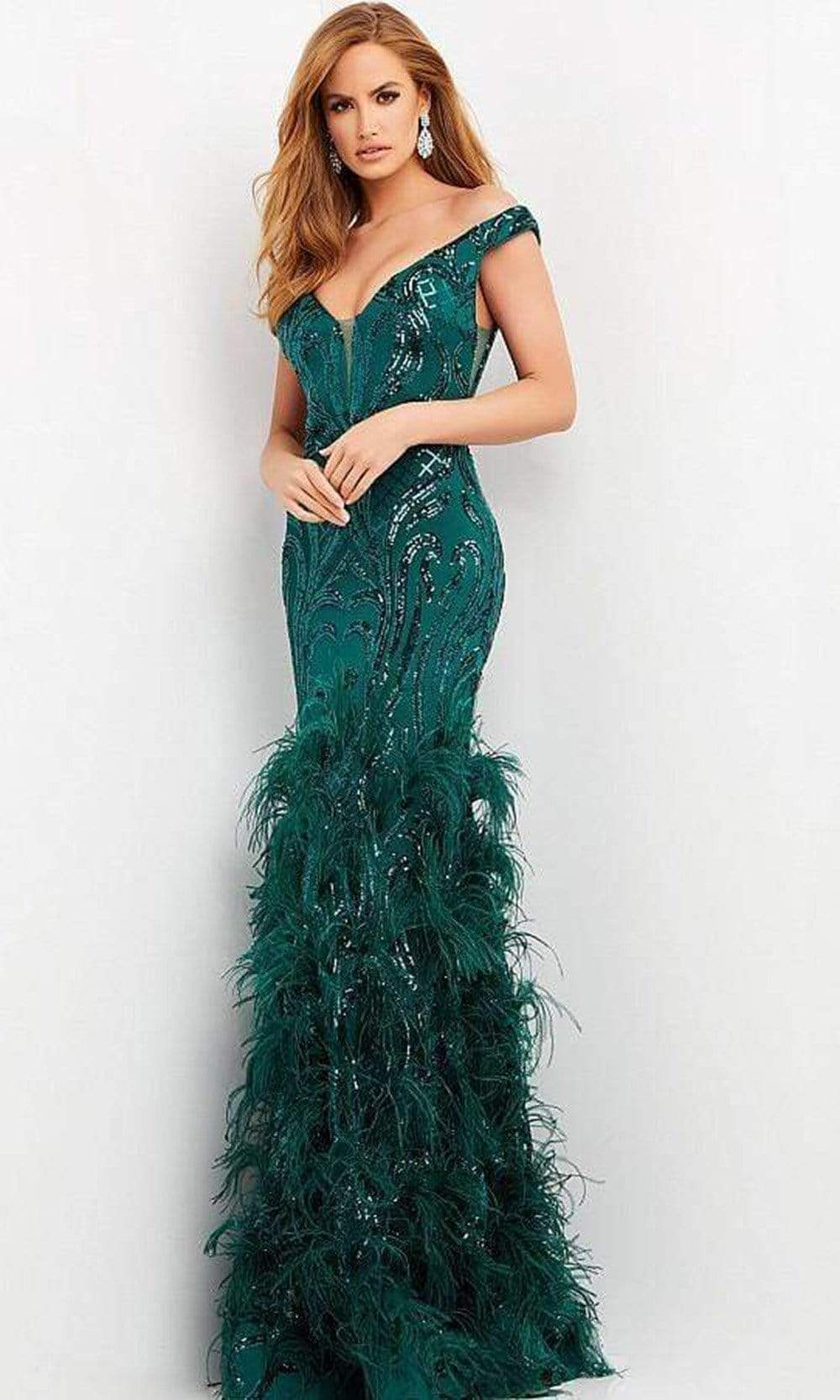 05660 Off Shoulder Sequined and Feathered Gown