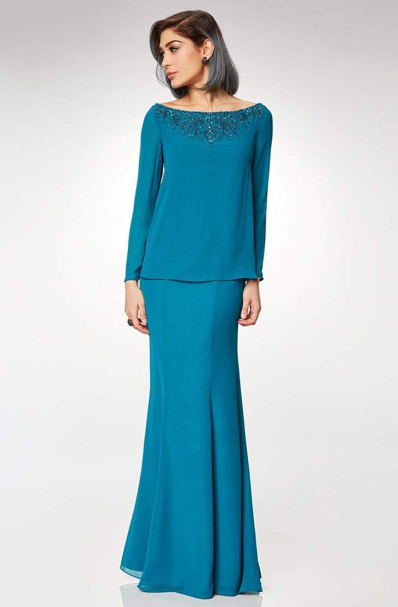 M6538 Beaded Embellished Neckline Long Sleeve Formal Dress