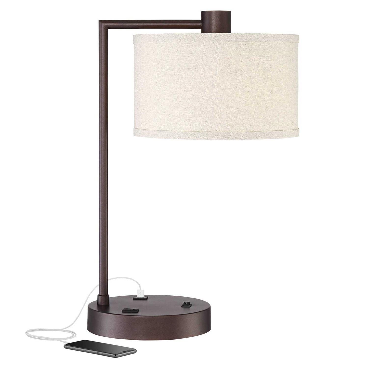 360 Lighting Modern Desk Table Lamp with USB and AC Power Outlet in Base Bronze Linen Uno Fitter Drum Shade for Bedroom Bedside
