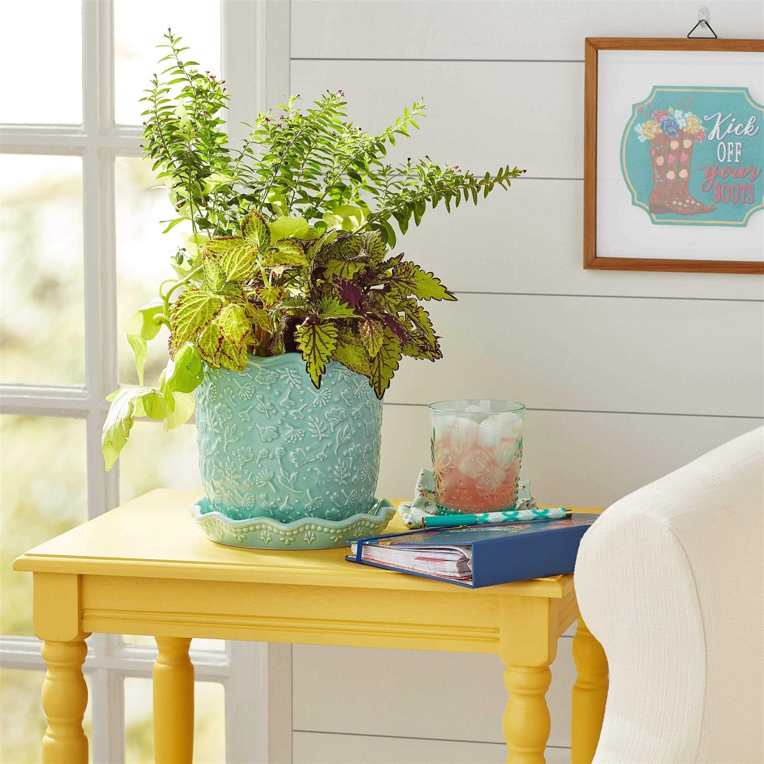 The Pioneer Woman Embossed Daisy Teal Planter