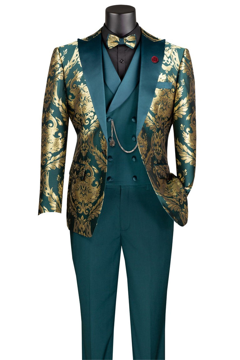 Men’s Shiny Paisley Jacquard Vested Wedding & Prom Tuxedo in Emerald Green & Gold