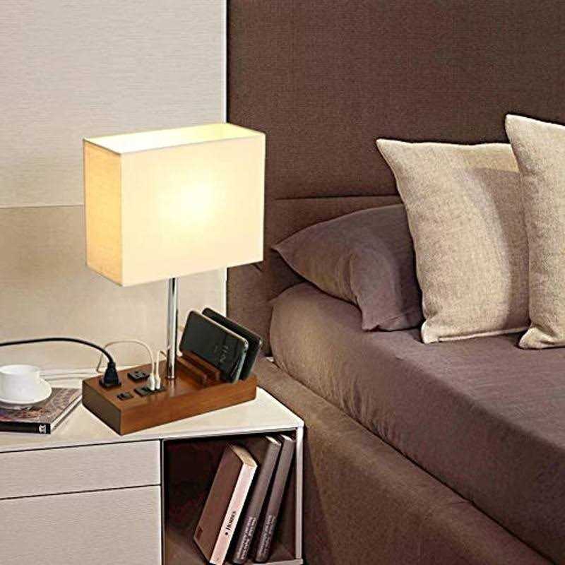Briever USB Table Lamp, Multi-Functional Bedside Desk Lamp with 2 AC Outlets, 3 USB Charging Ports and Wooden Phone Stand Organizer