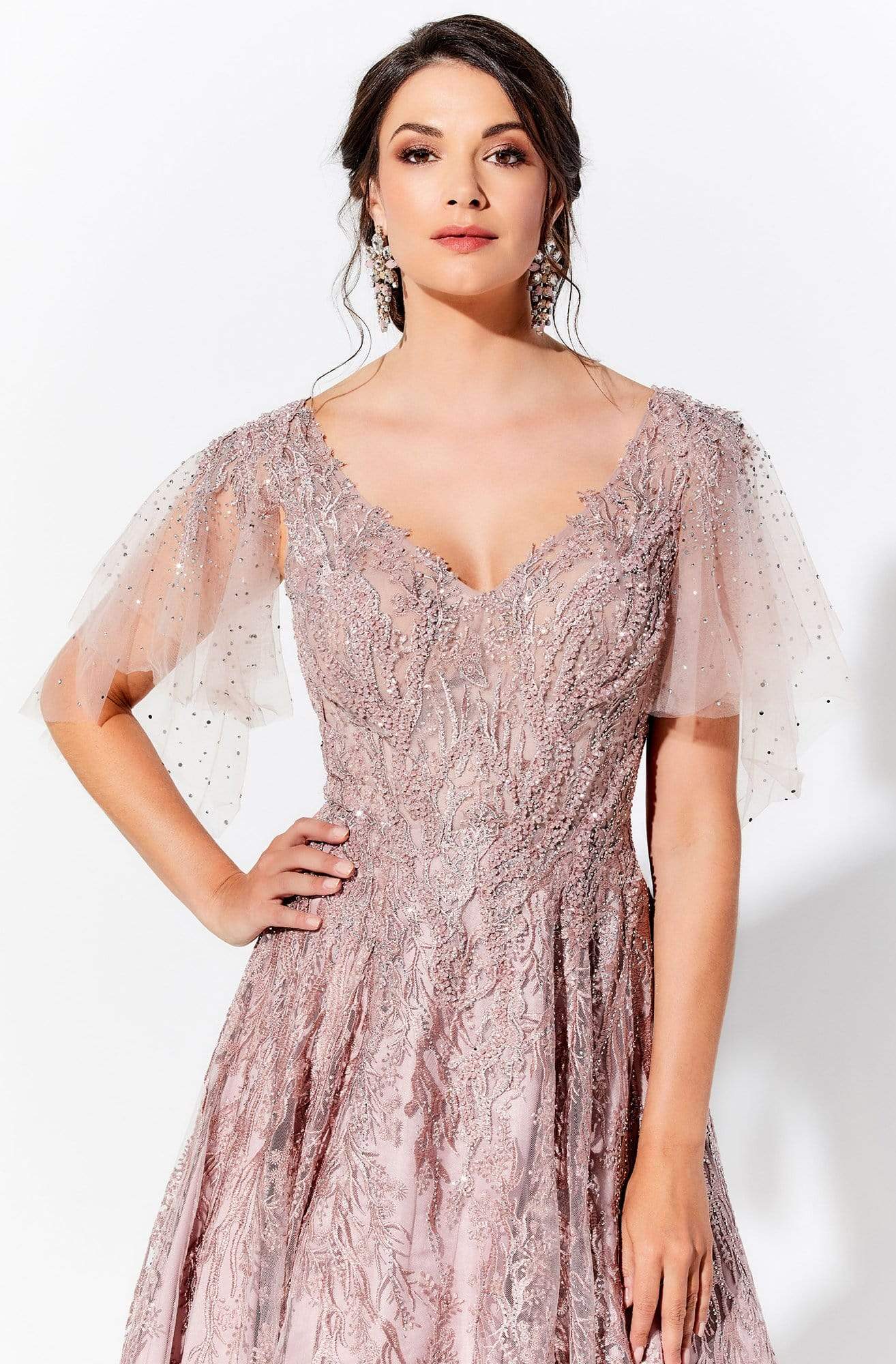 120D10W Detachable Sleeves Embellished Dress