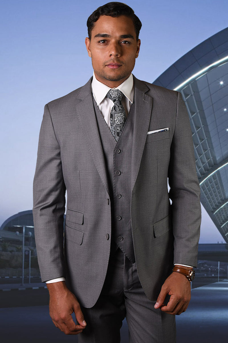 Men’s Designer Two Button Modern Fit Vested Basic Wool Suit in Grey