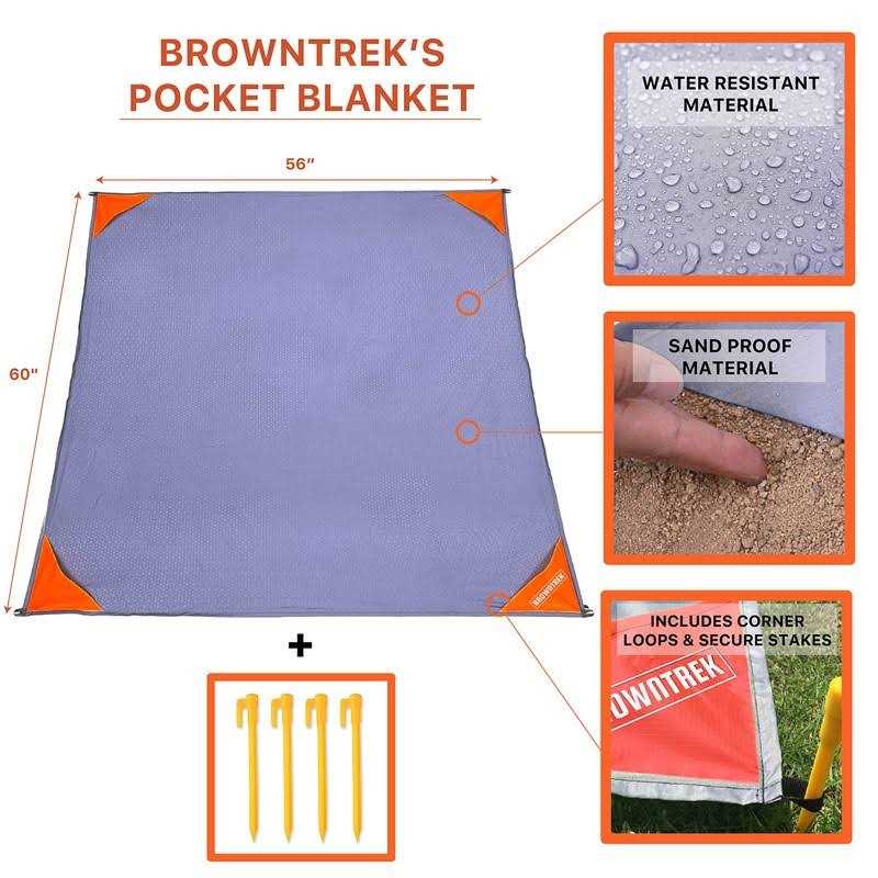 BROWNTREK Pocket Blanket -Compact Picnic Blanket Sand Proof Beach Blanket/Water Resistant Ground Cover. Packable Outdoor Blanket for Hik