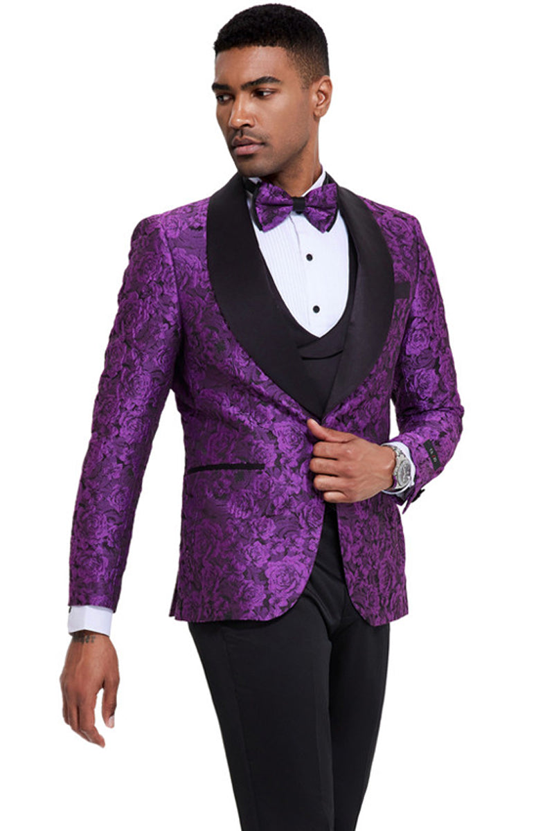 Men’s One Button Slim Fit Shiny Paisley Floral Vested Prom Tuxedo in Purple