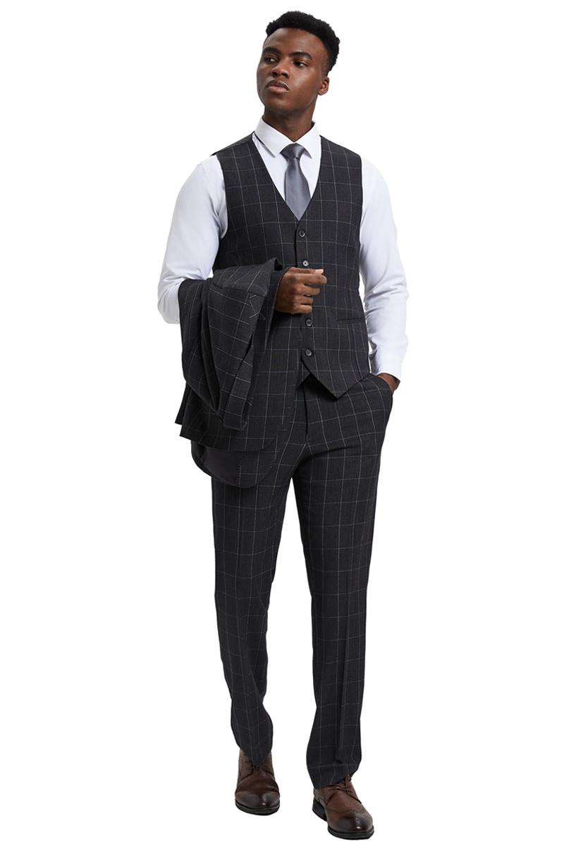 Men’s Stacy Adams Vest Classic Bold Windowpane Suit in Dark Charcoal Grey