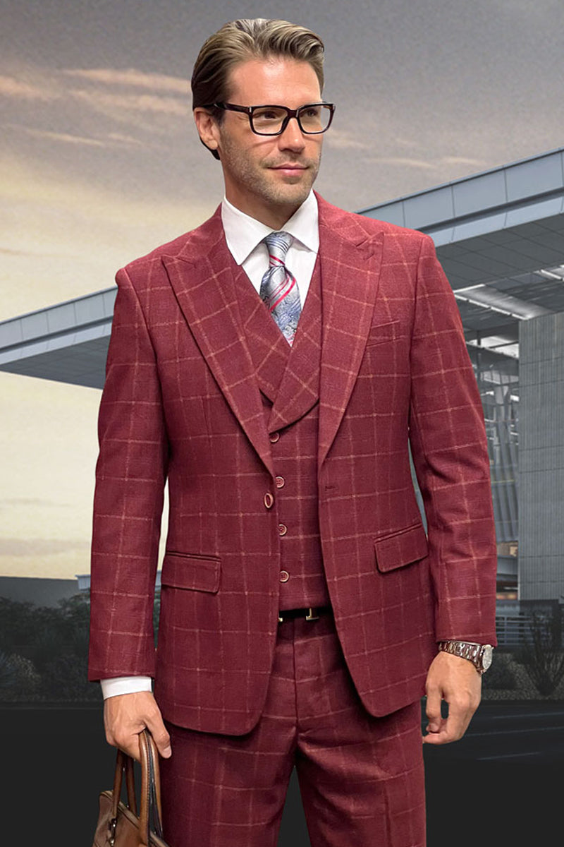 Men’s Designer Wool Suit with Double Breasted Vest in Burgundy Windowpane Plaid