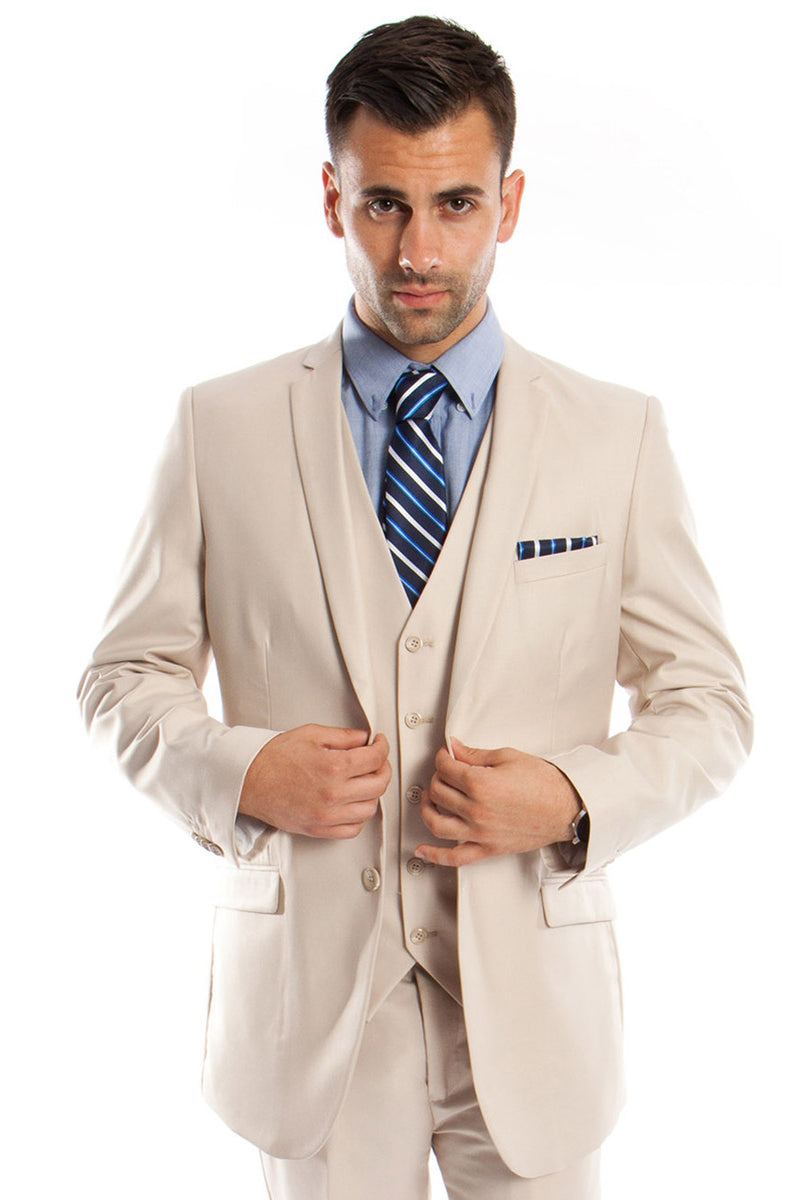 Men’s Two Button Slim Fit Basic Vested Wedding Suit in Tan