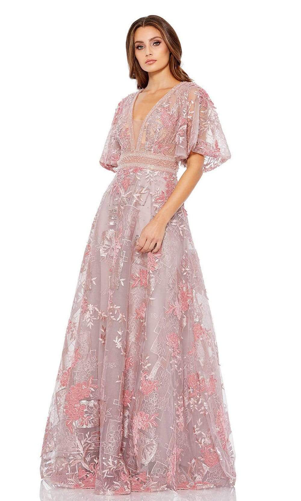 20262 Plunging Neck Flutter Embellished Gown