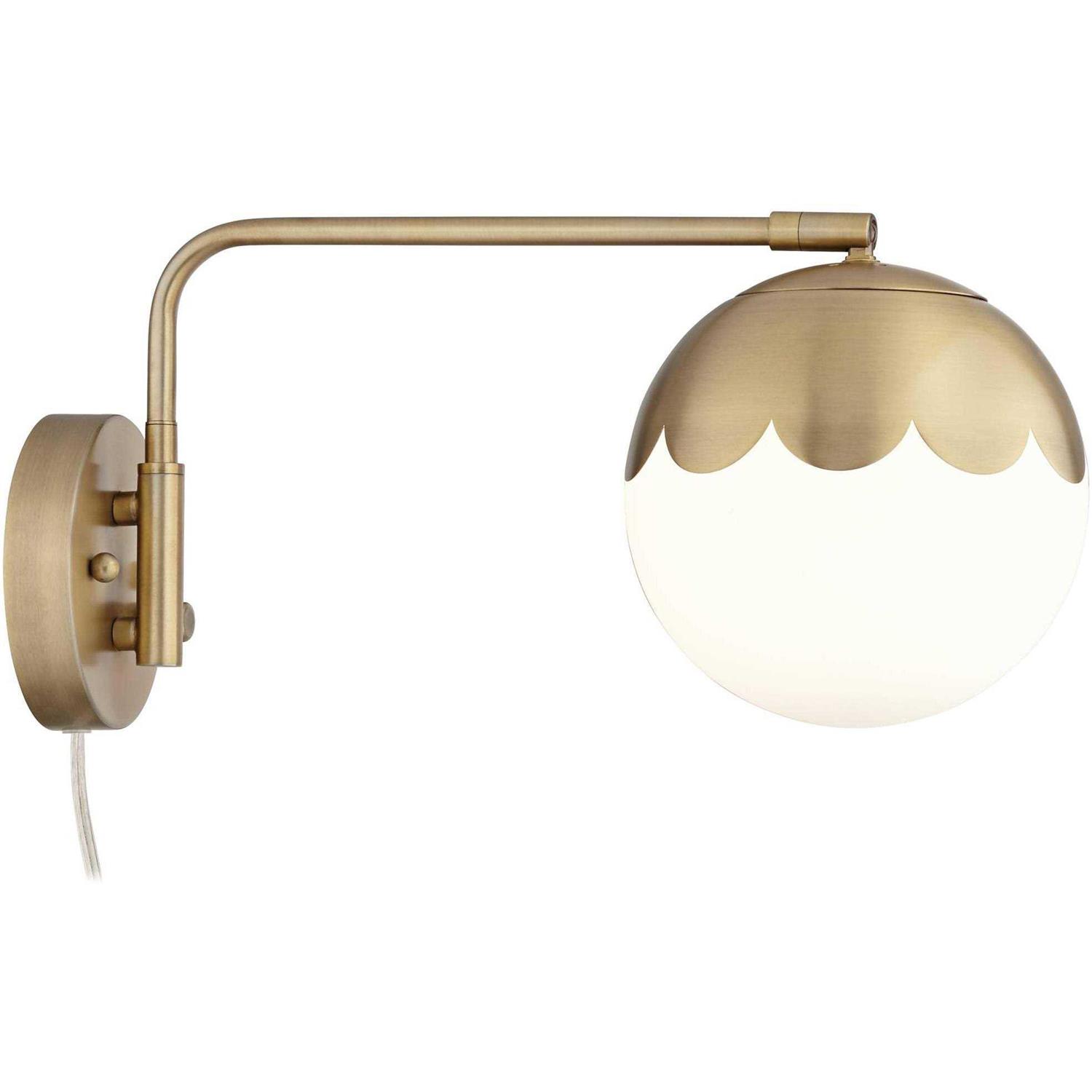 360 Lighting Kelowna Modern Swing Arm Wall Brass Plug-in Light Fixture Globe Glass Shade for Bedroom Bedside Living Room Reading