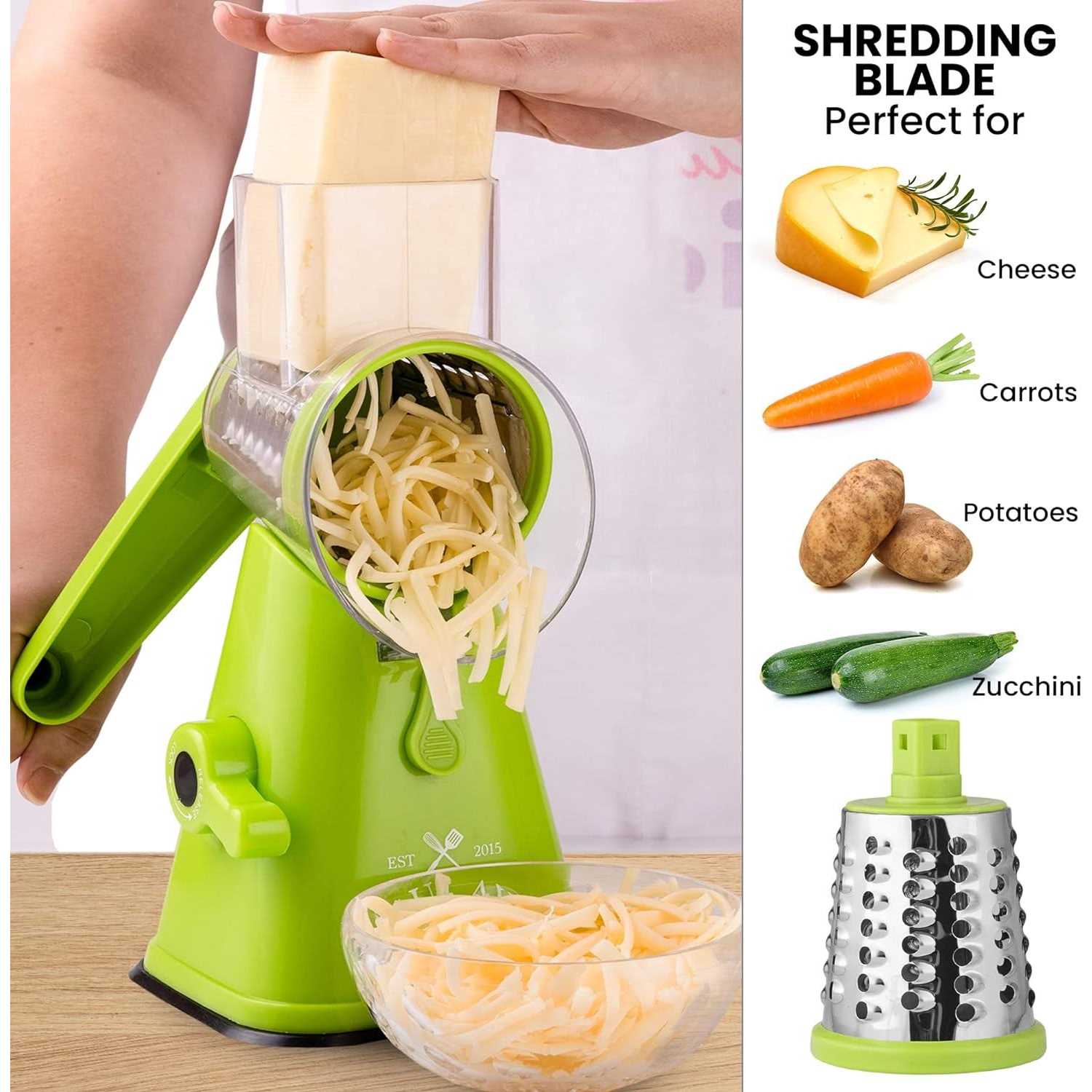 Zulay Kitchen Rotary Cheese Shredder Grater with 3 Replaceable Stainless Steel Drum Blades
