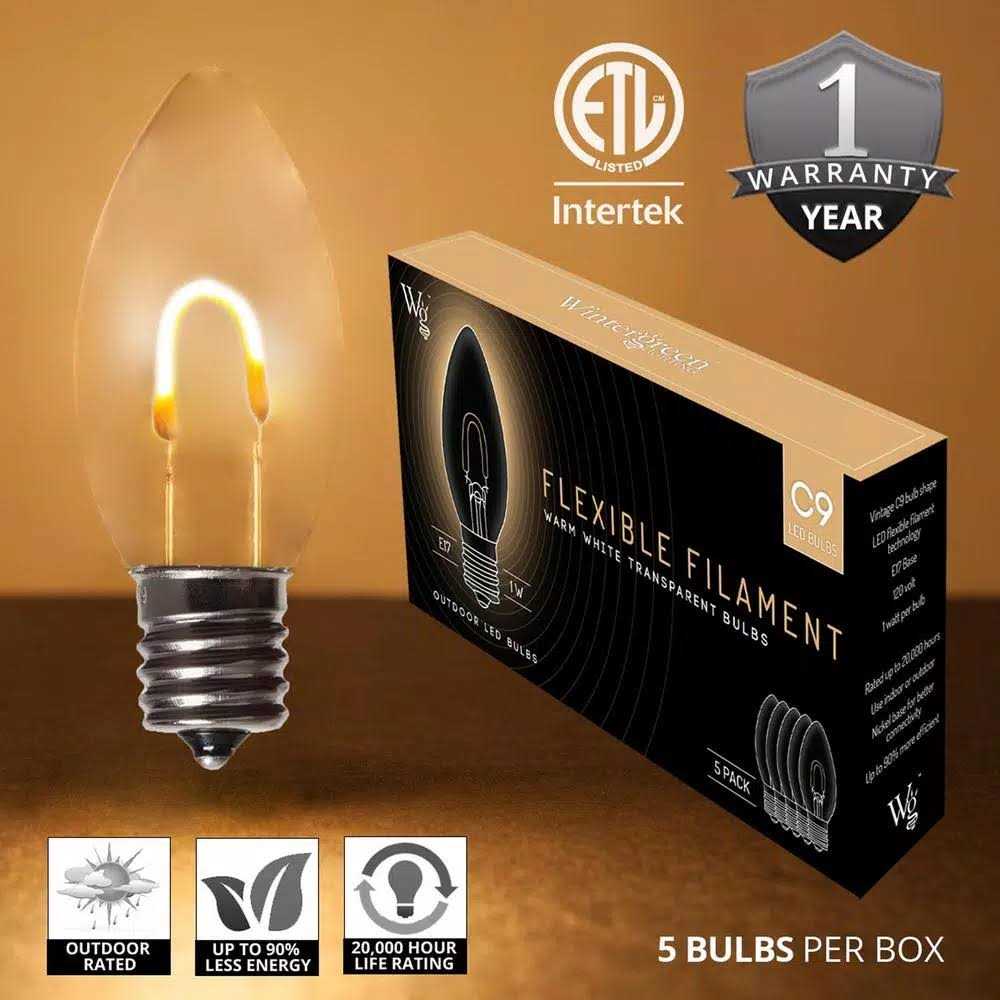 Wintergreen Lighting FlexFilament C9 LED Shatterproof Vintage Edison Christmas Light Bulbs