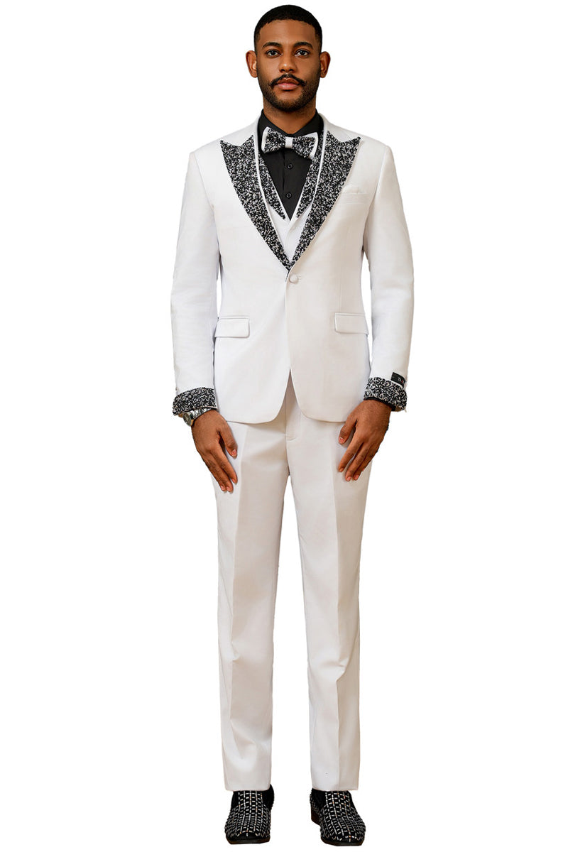 Men’s One Button Rhinestone Peak Lapel Vested Prom Tuxedo in White
