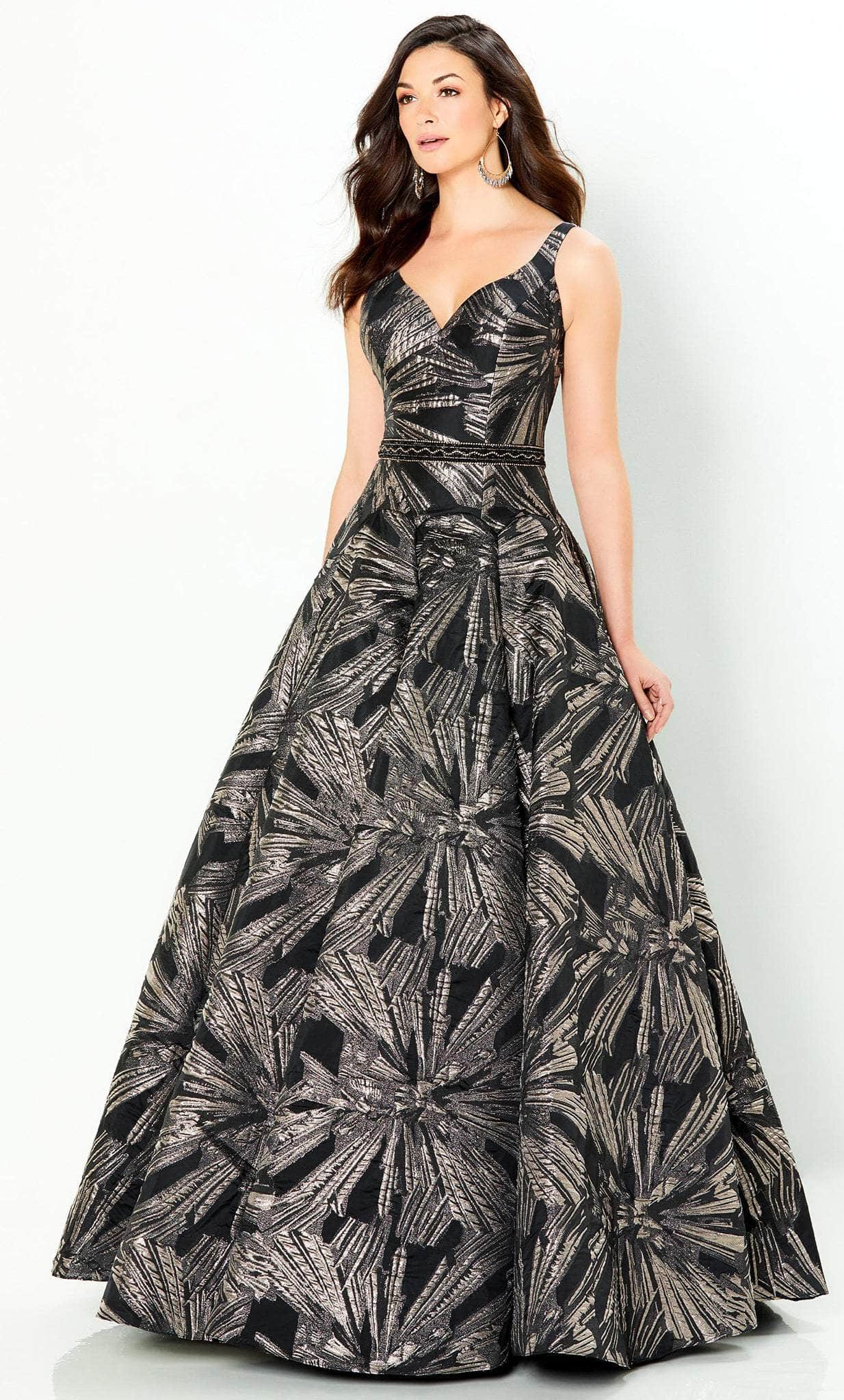 V Neck Brocade Shiny Ballgown