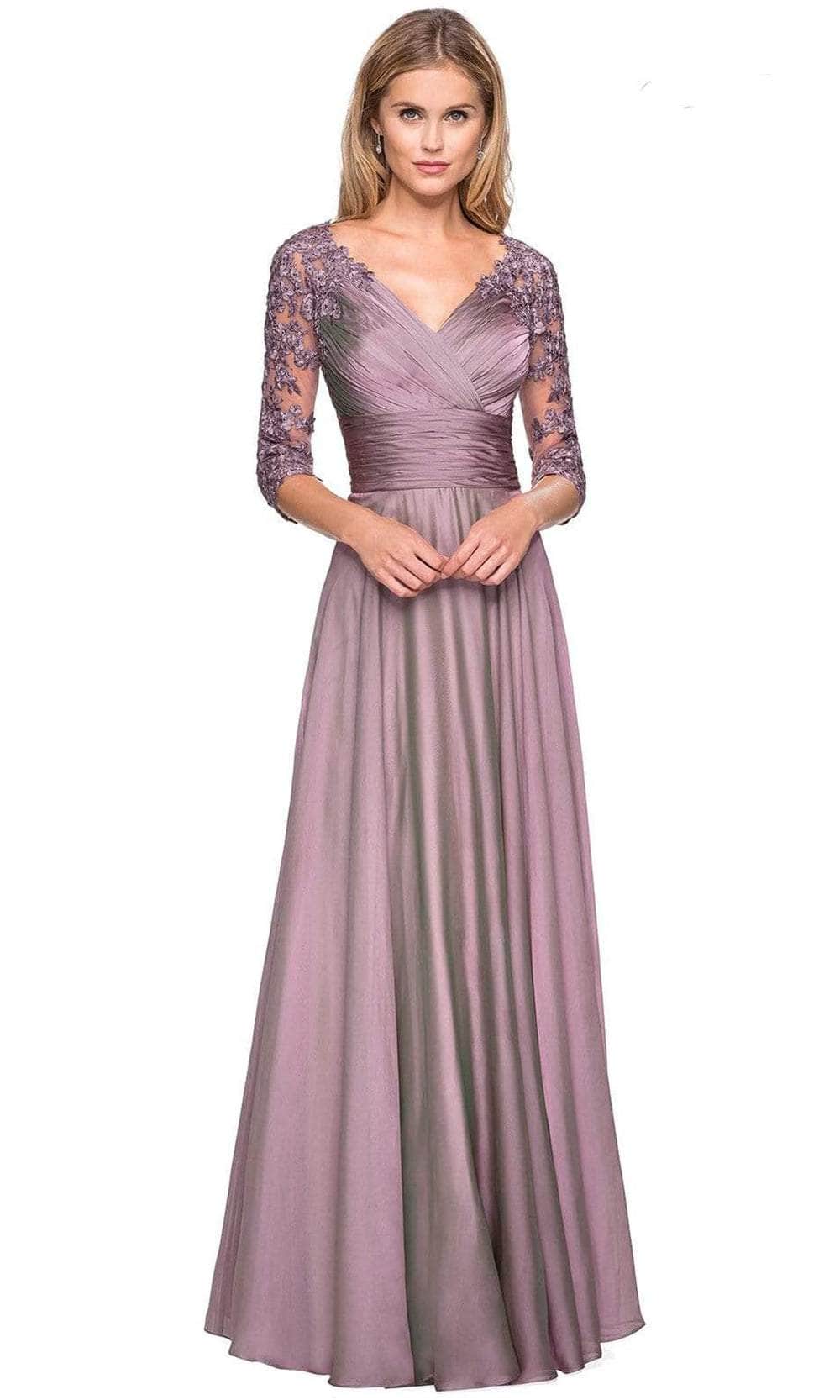 27153 Sheer Lace Quarter Sleeves Empire Waist Chiffon Gown