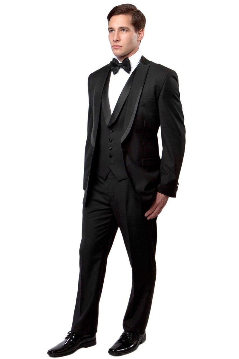 Men’s One Button Satin Trimmed Peak Lapel Vested Fancy Tuxedo in Black
