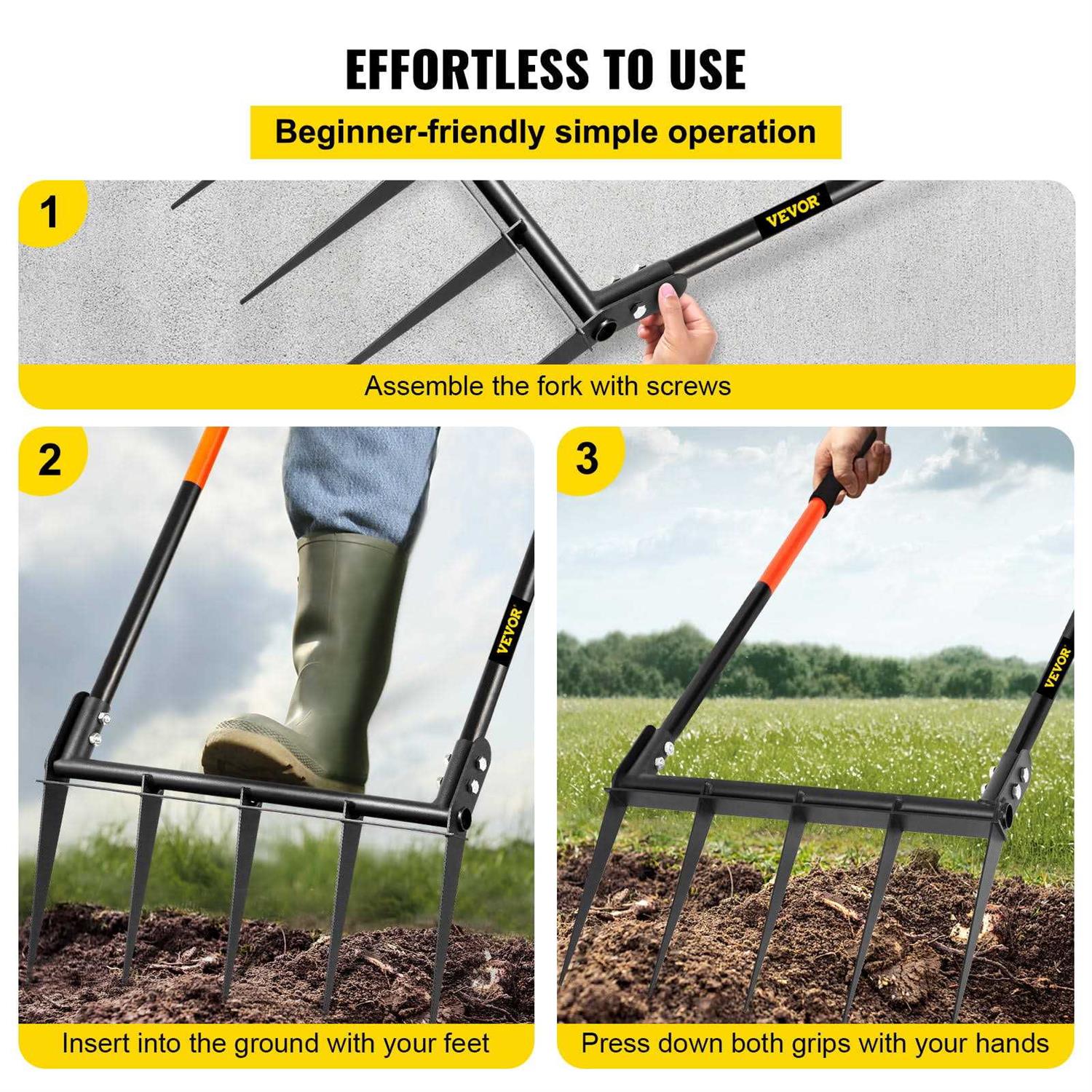 VEVOR Broad Fork Tool, 5 Tines 20 in Wide, Garden Tool with Fiberglass Handle for Gardening and Cultivating