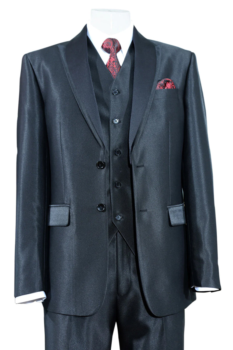 Mens 2 Button Vested Slim Fit Shiny Sharkskin Tuxedo Suit in Black