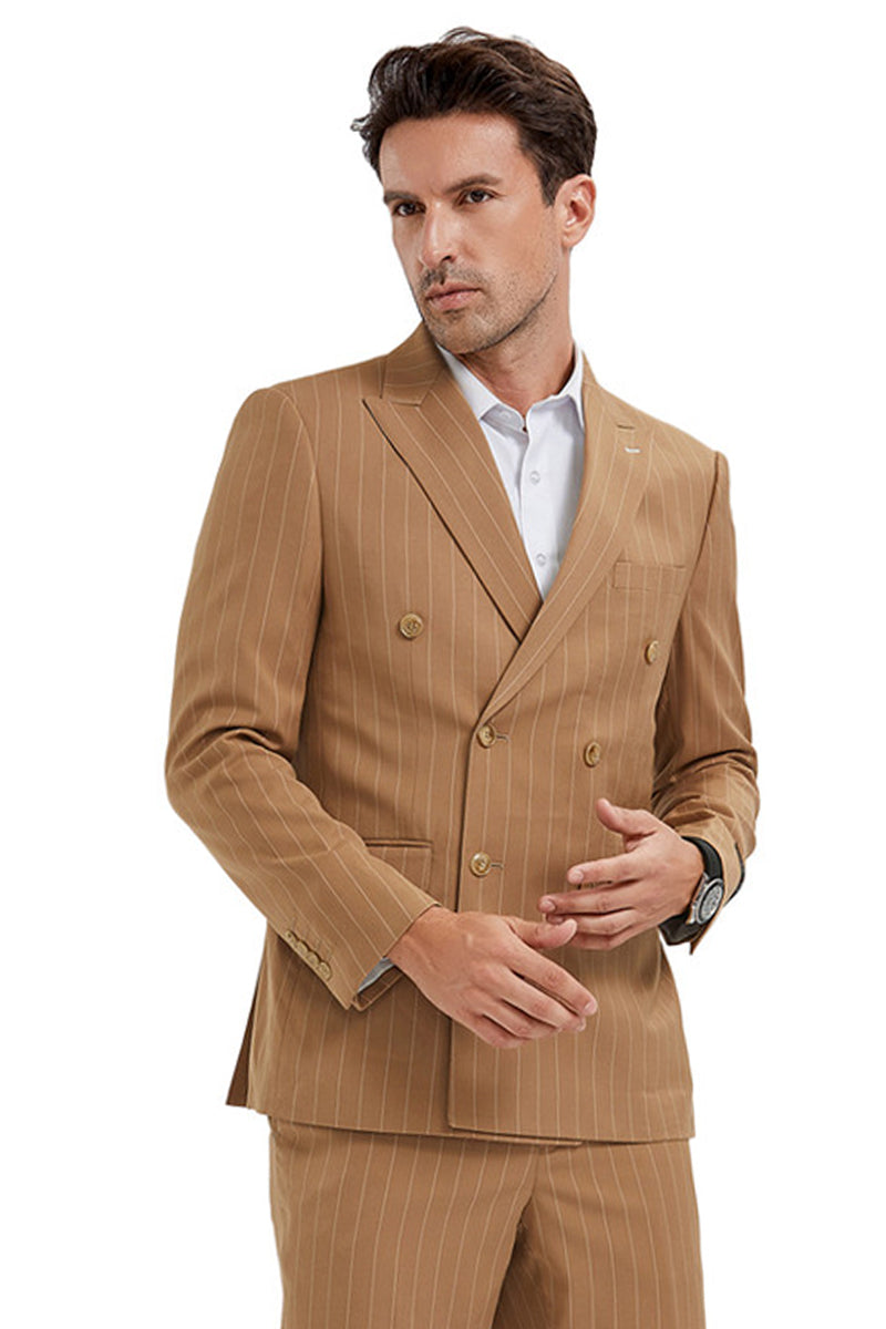 Men’s Slim Fit Double Breasted Bold Gangster Pinstripe Suit in Camel