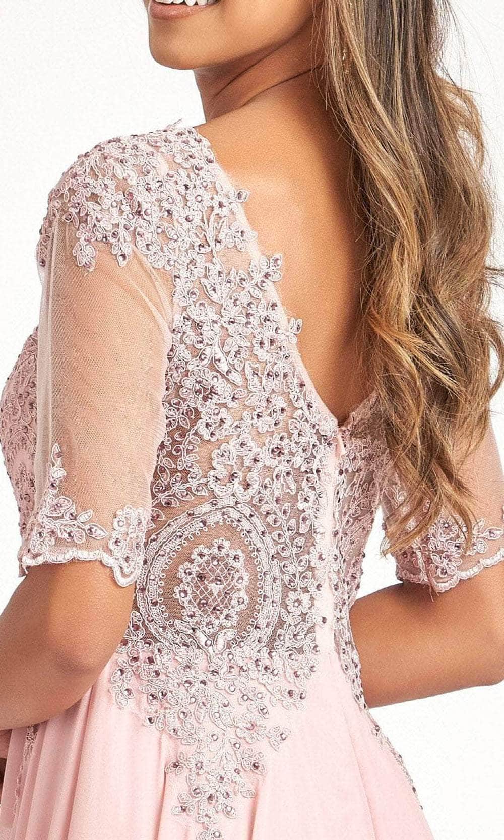 Sheer Quarter Sleeve Lace Applique Evening Dress
