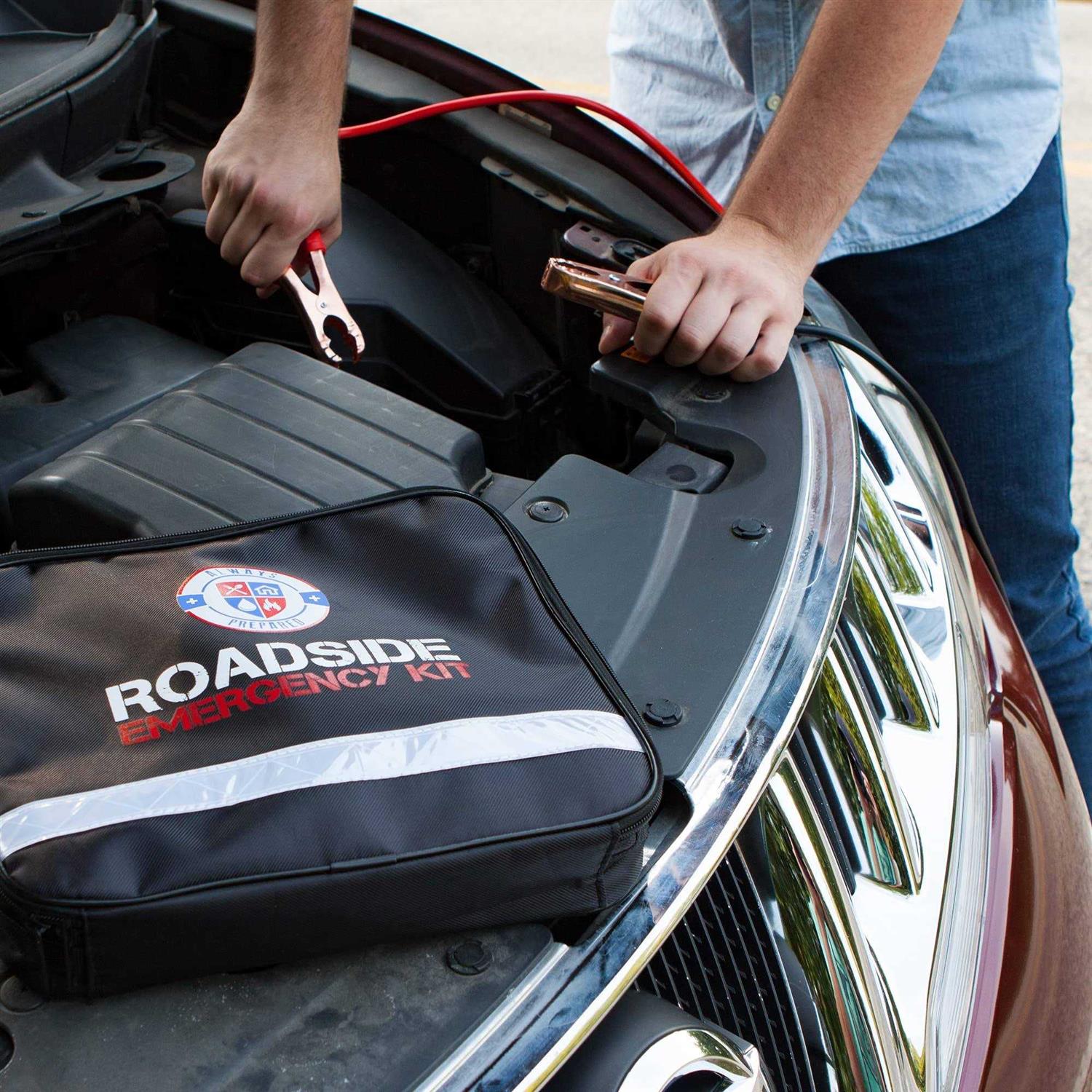 Always Prepared Standard Roadside Emergency Car Kit – with Jumper Cables – All-in-one Auto Safety and First Aid Kit – Travel Safety