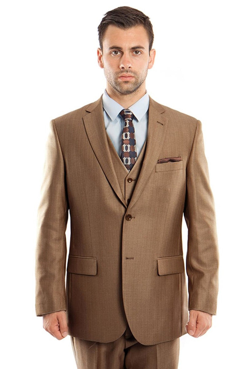 Men’s Two Button Vested Textured Sharkskin Business Suit in Dark Camel Toast