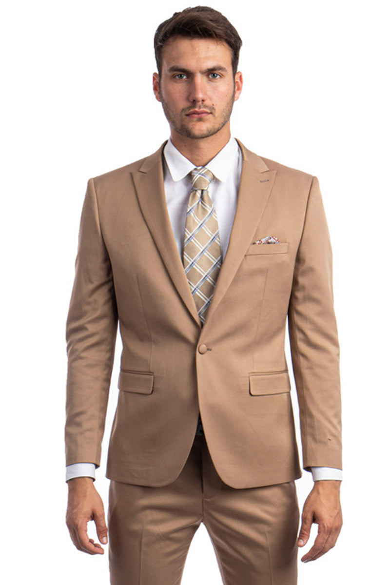 Men’s One Button Peak Lapel Basic Slim Fit Suit in Dark Taupe