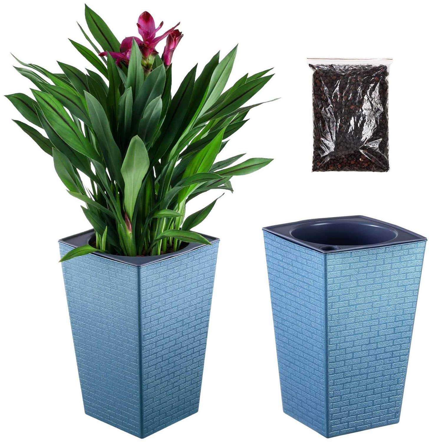 2 Pack Self Watering Planters 10.7 x 6.9 Tall Planter for Indoor Plants Self Watering Violet Pots Plastic Flower Pots Square Planter