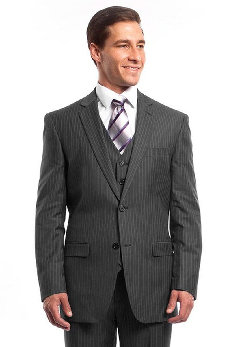 Men’s Two Button Vested Business Suit in Grey Pinstripe