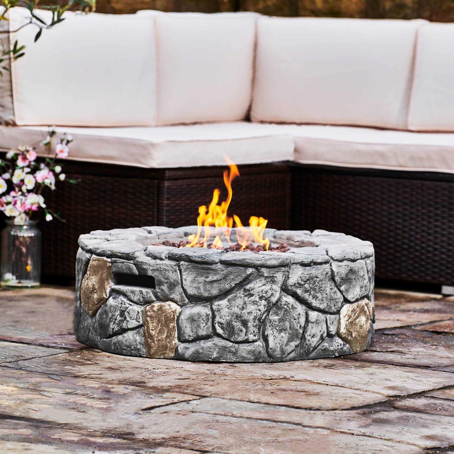 Teamson Home 28 Outdoor Round Stone Propane Gas Fire Pit