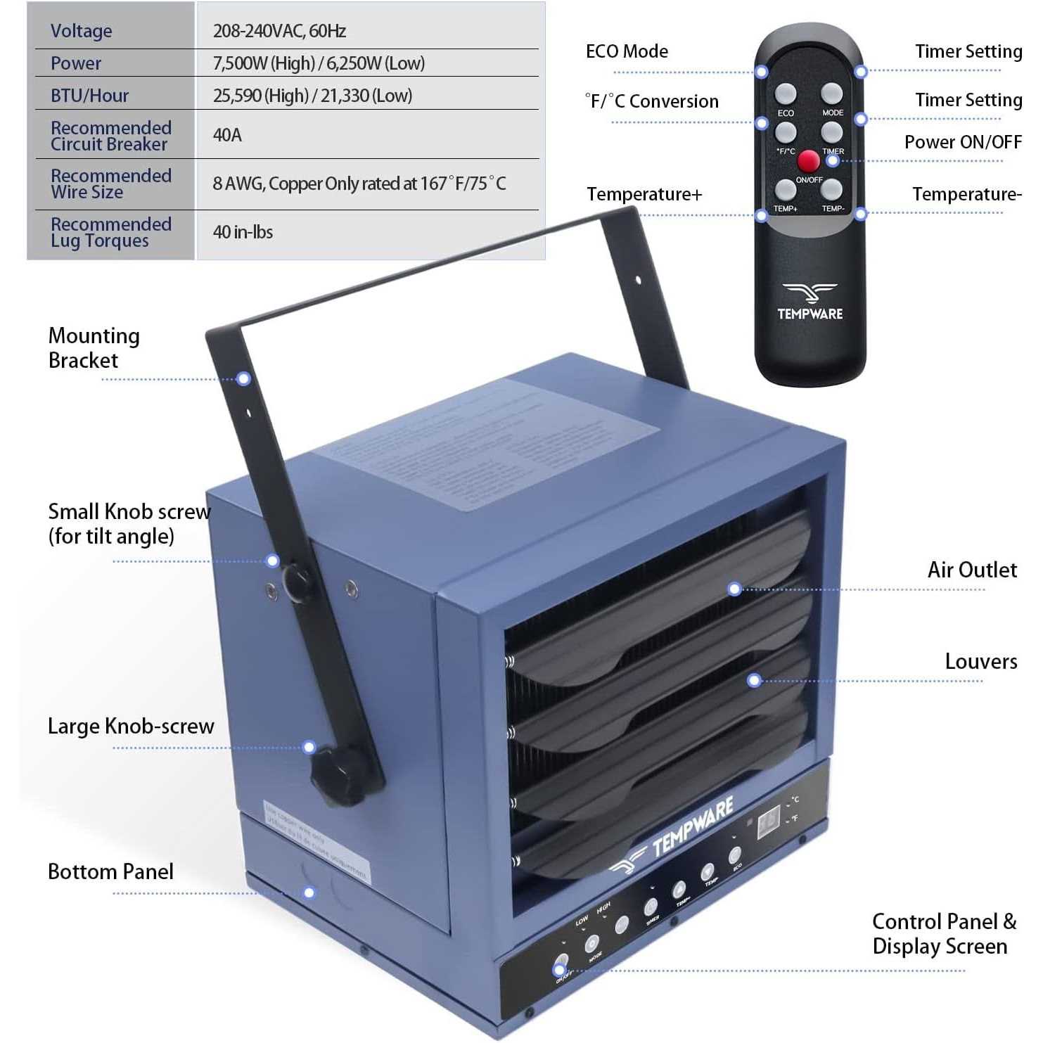 Tempware Electric Garage Heater 7500-Watt Digital Fan-Forced Ceiling Mount Shop Heater with Full-Function Remote