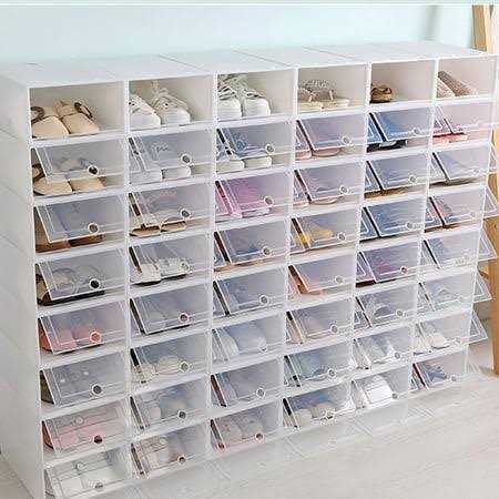 24pcs Shoes Boxes Thickenes Transparent Stackable Plastic Shoes Storage Case Shoe Container – Size L (White)