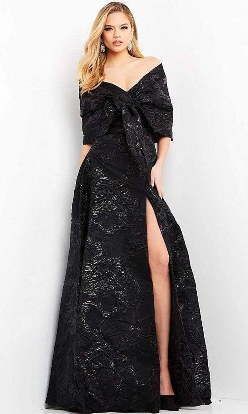 05019 Off Shoulder Jacquard High Slit Gown