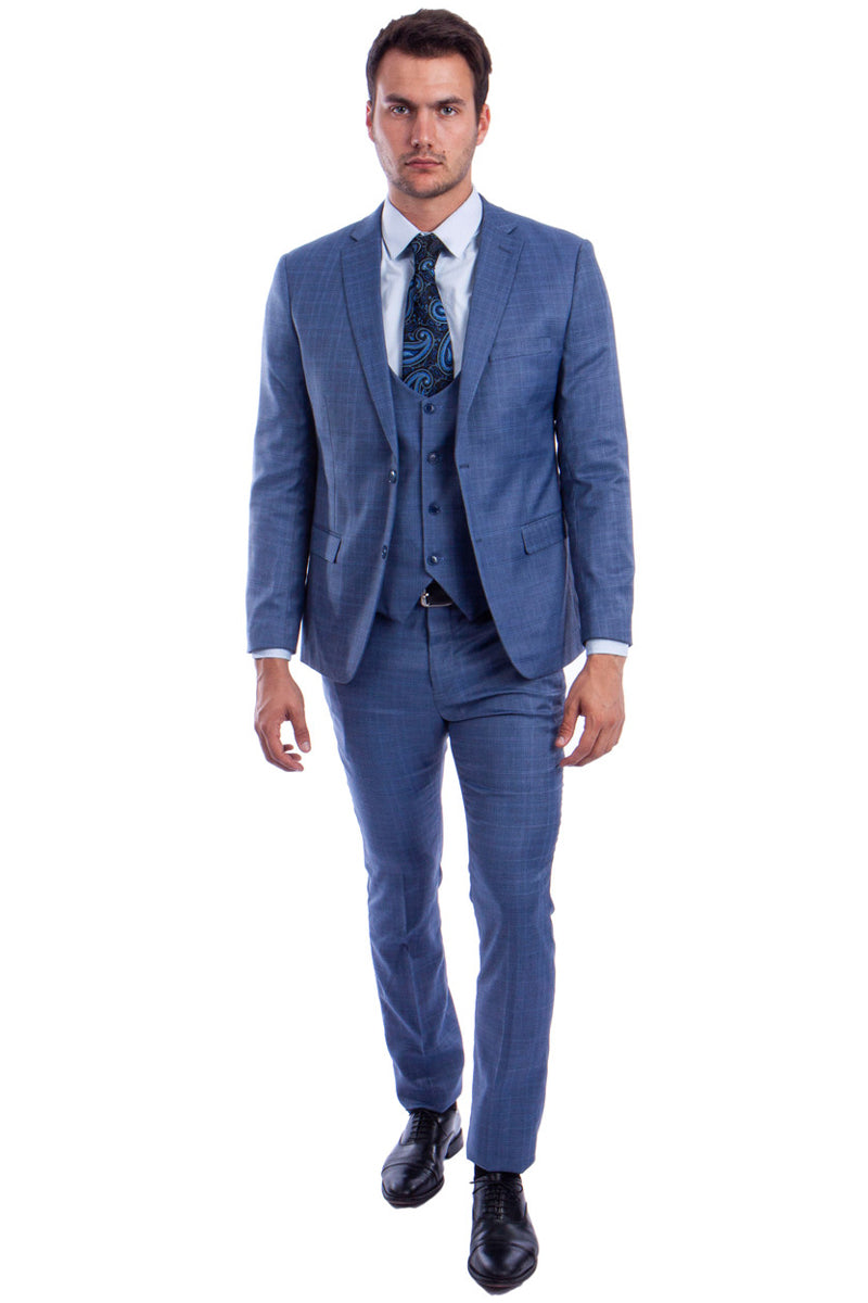 Men’s Two Button Vested Skinny Fit Suit with Low Cut Vest in Blue Plaid