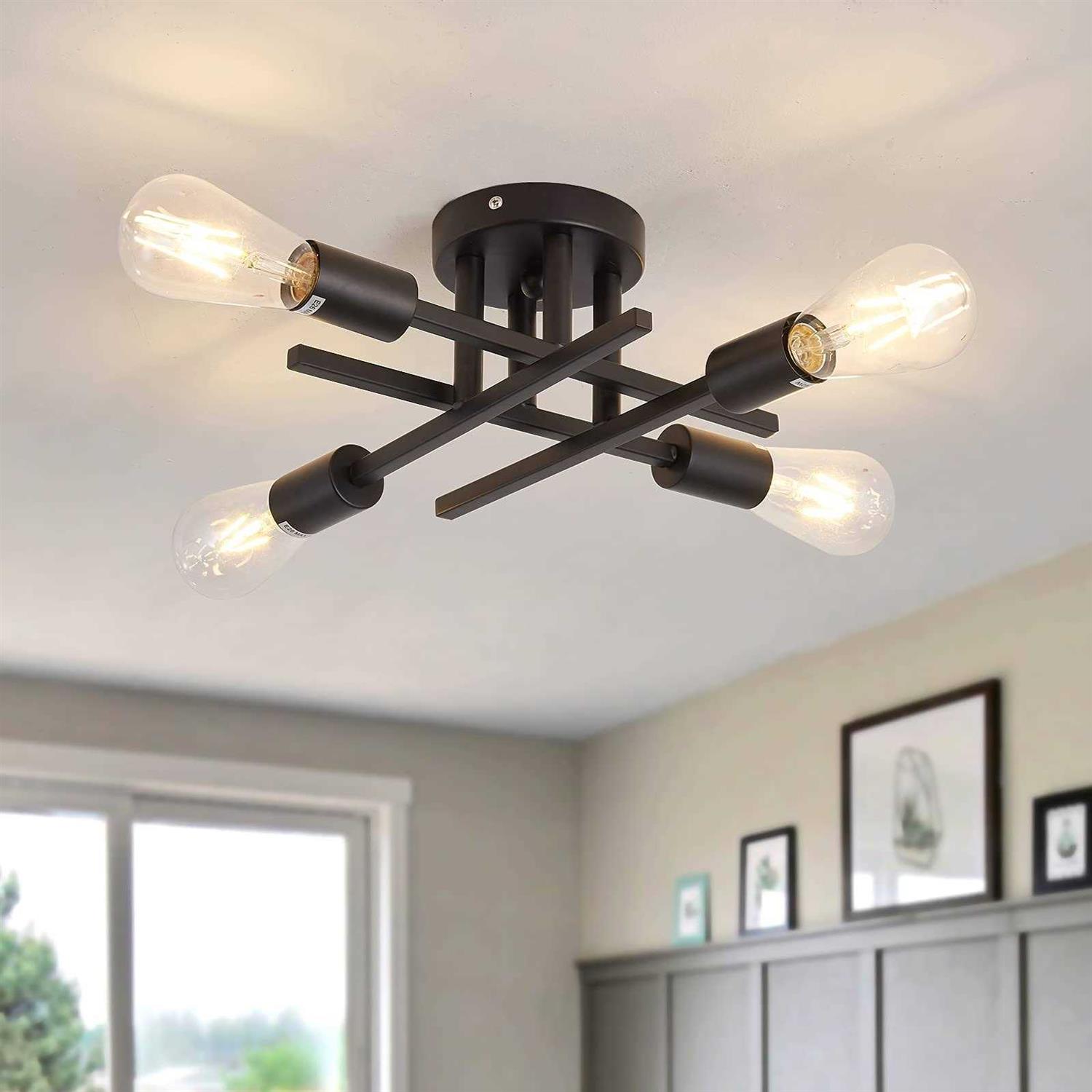 Zglaojt Semi Flush Mount 4 Light Ceiling Light Matte Black with E26 Base Modern Chandelier For Farmhouse Kitchen Dining Room Bedroom Study Living