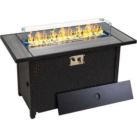 Walsunny 45 inch Propane Fire Pit Table 50,000 BTU Steel Gas Fire Pit with Lid and Lava Rock Rectangular