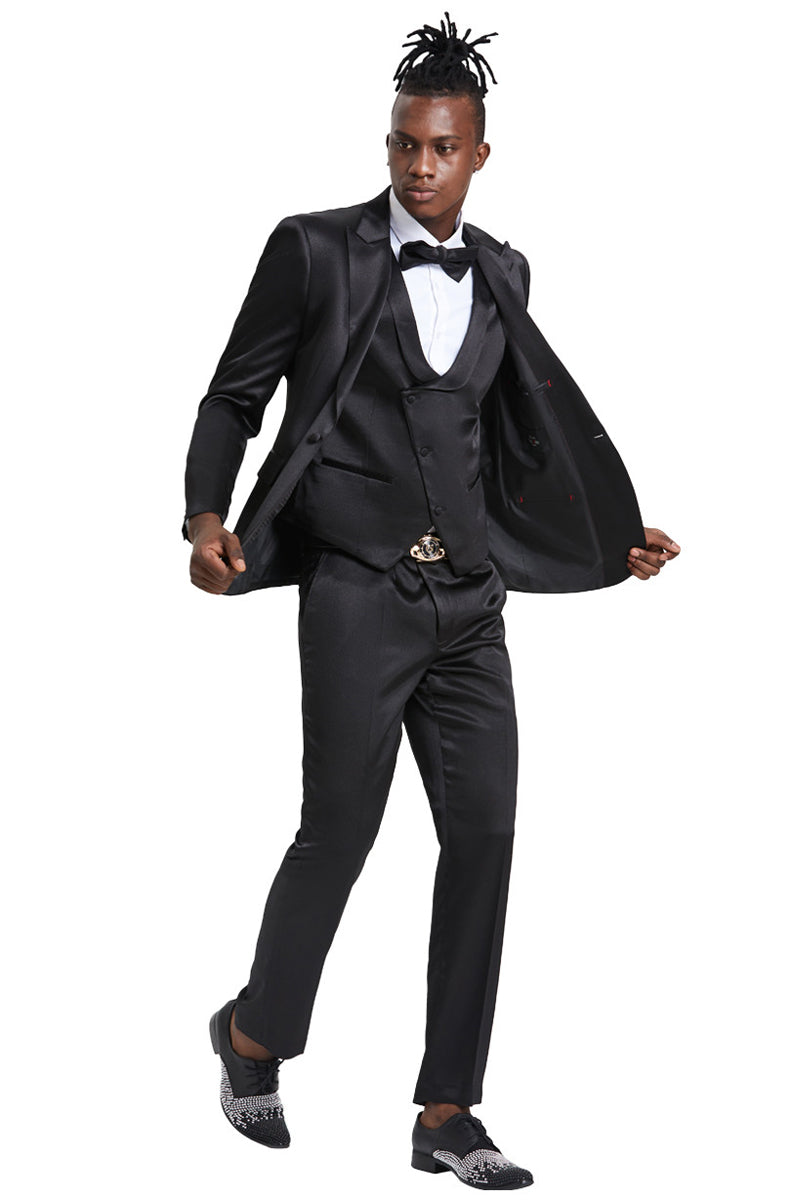 Men’s One Button Vested Shiny Satin Sharkskin Prom & Wedding Party Suit in Black