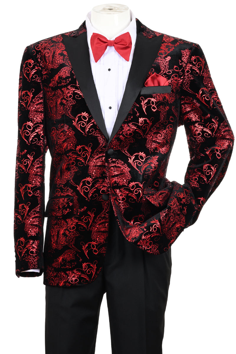Men’s Modern Fit Velvet Floral Paisley Foil Tuxedo Jacket in Red & Black