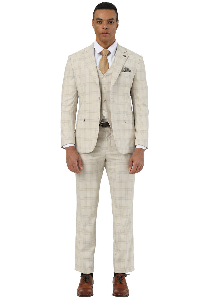 Men’s Designer Stacy Adams Vested Glen Plaid Suit in Beige