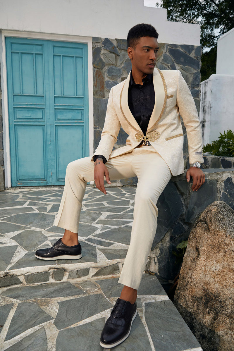 Men’s Stacy Adams Paisley Wedding Tuxedo Jacket in Ivory & Gold