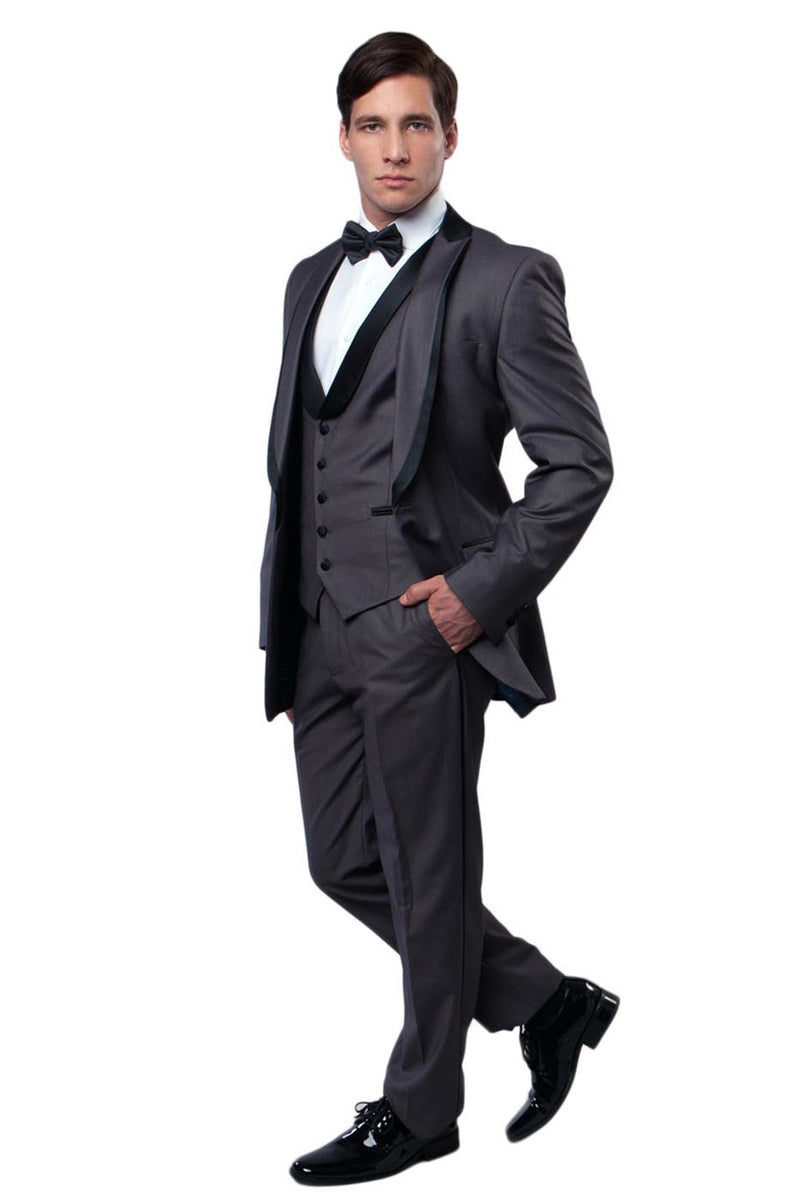 Men’s One Button Satin Trimmed Peak Lapel Vested Fancy Tuxedo in Charcoal Grey