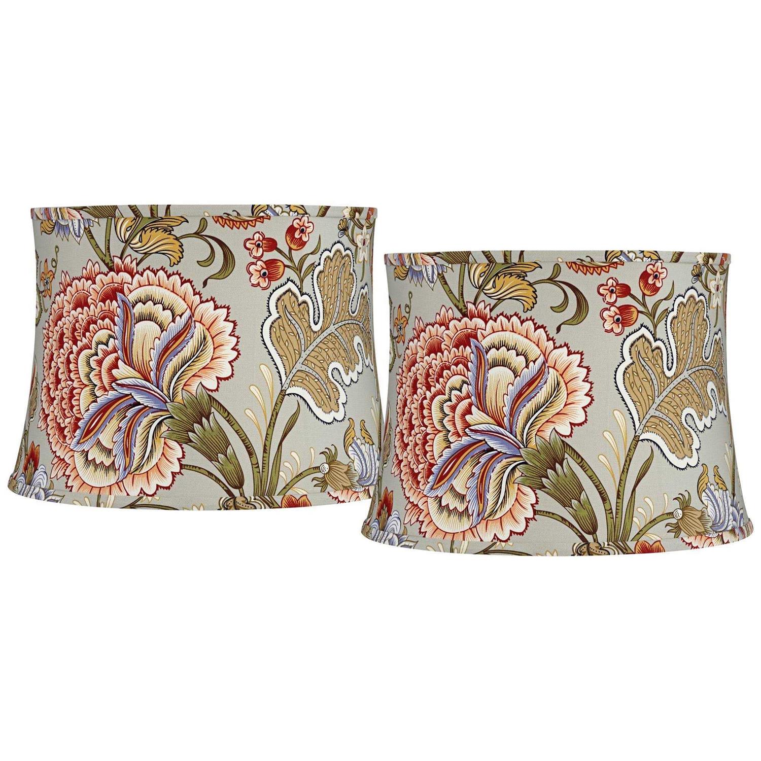 Springcrest Set of 2 Drum Print Lamp Shades Flower Medium 14 Top x 16 Bottom x 11.5 High Spider with Replacement Harp and Finial