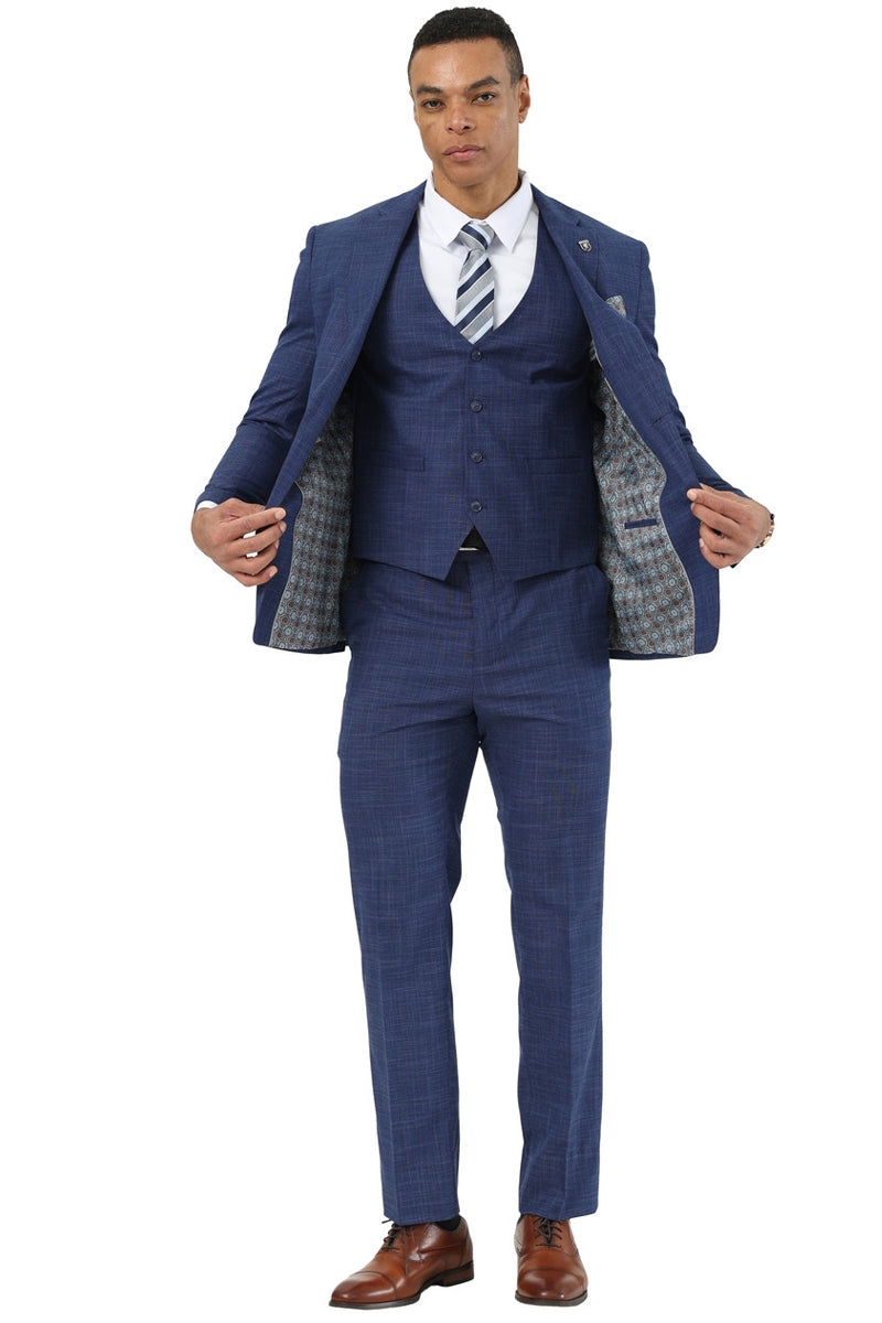 Men’s Designer Stacy Adams Vested Suit in Indigo Blue Sharkskin Weave