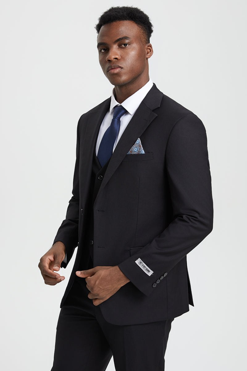 Men’s Two Button Vested Stacy Adams Designer Basic Suit in Black